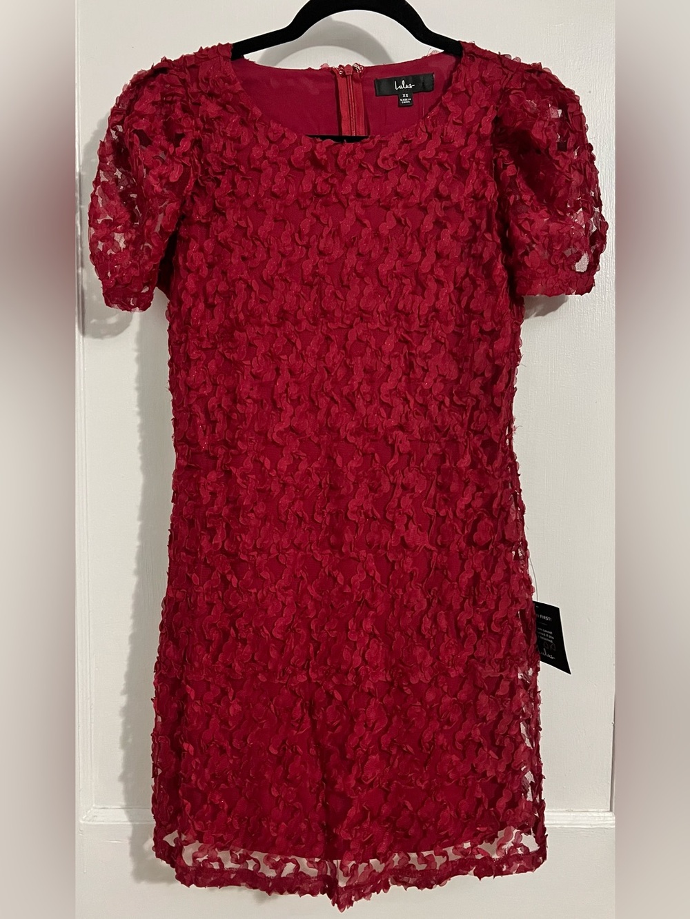 Lulu's Deep Red Floral Lace Mini Dress with Puff Detail
